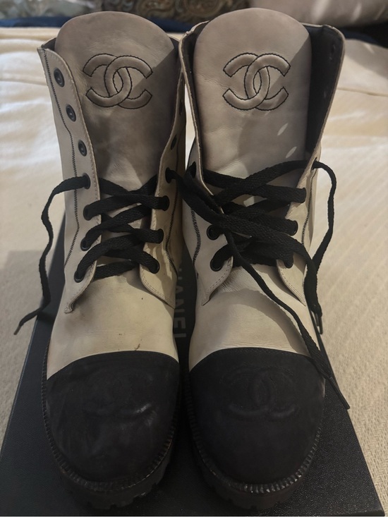 CHANEL Shoes - RARE Vintage Chanel White & Black Leather CC Combat Boots – Size 8.5